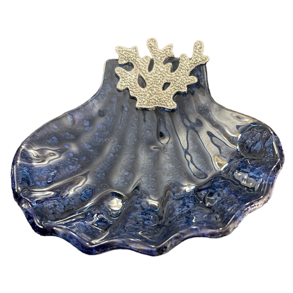 6”‎ Glass Seashell Trinket Jewelry dish tray Small Candy Bowl Coral Blue Silver